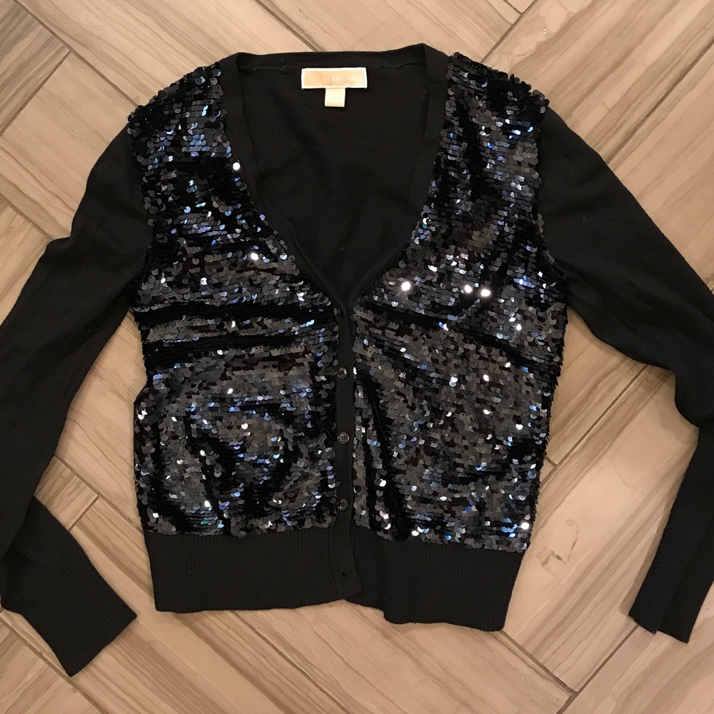🌻3xHP!🌻 MICHAEL Michael Kors Sequin front V-Neck Cardigan S Black